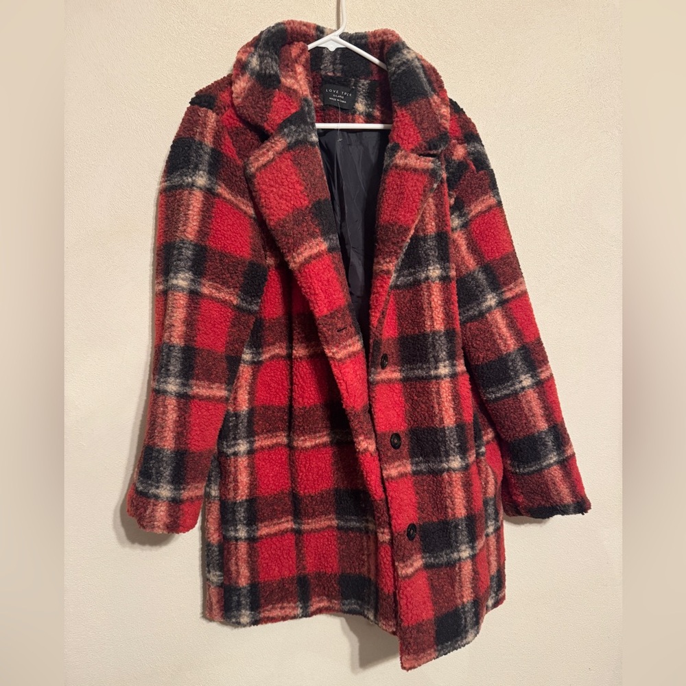 Love Tree Red and Black Plaid Teddy Coat